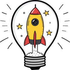 Yellow and red rocket launching from a light bulb with stars and sparks on white background