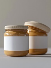 Two jars of peanut butter with labels on table.