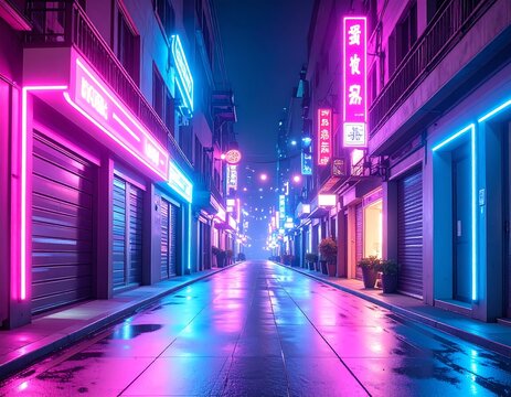 Immerse yourself in the vibrant urban glow of a modern city street at night with neon signs