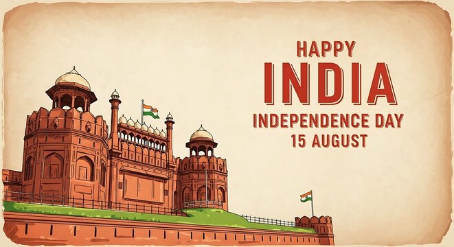 Happy India Independence Day: Red Fort Sketch, 15th August Celebration