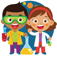 Two happy cartoon children in lab coats and goggles with science beakers and flasks kids