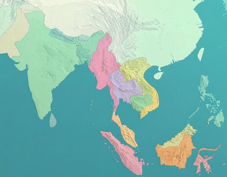 Topographic map of Southeast Asia and parts of South Asia, showing landmasses in pastel colors and surrounding ocean in blue.