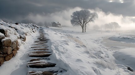 Obraz premium Path of steps creating direction across fresh winter snow towards a gravestone with low clouds above