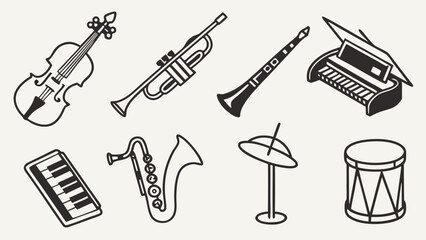 Obraz premium Musical instruments collection. Set of various music instruments in simple black and white line art style. Education and sound concept.