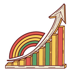 Stylized bar graph with upward trending arrow and rainbow arcs in red yellow and green colors isolated on white background
