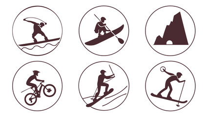 Outdoor adventure sports icons set. Recreation activities silhouettes. Travel, nature, biking, skiing, surfing, kayaking, snowboarding.