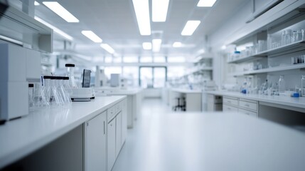 Obraz premium Bright, sterile lab interior with beakers and equipment, out of focus