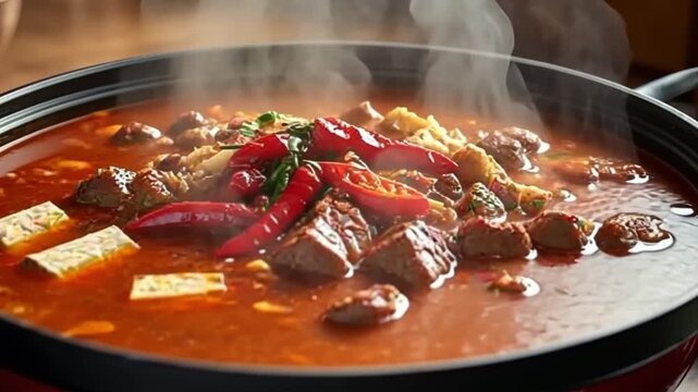 Delicious and steaming hot pot with meat, tofu, chili peppers and other ingredients