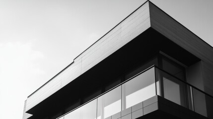 A black and white image of a contemporary multi-story building with geometric design elements, featuring contrasting light and shade, and reflective glass surfaces.