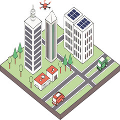 Isometric illustration of a city block with buildings cars drone and solar panels urban