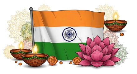 Indian Flag, Lotus, Diya Lamps, Mandala Background, Independence Day Celebration