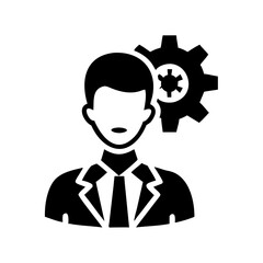 Man in suit with gear icon representing his thoughts