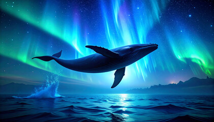 Surreal dreamscape of a majestic whale flying under the vibrant glow of the aurora borealis over a mystical ocean at night.