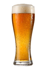 A full glass of golden cold beer with white foam and condensation, bubbles rising, presented on a transparent isolated PNG background.
