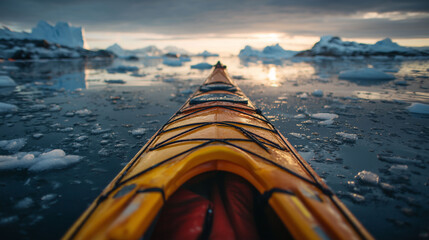 Paddling a kayak in Antarctica, documentary style, wide angle