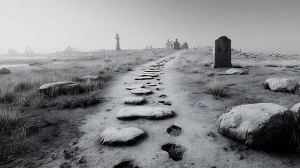 Grey and white scene featuring footprints creating connection between viewer and far gravestone