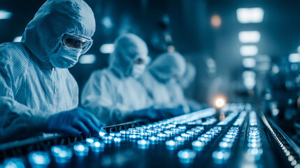 Pharmaceutical factory or production line, automated pill packaging machine, cleanroom workers in protective suits, futuristic lighting