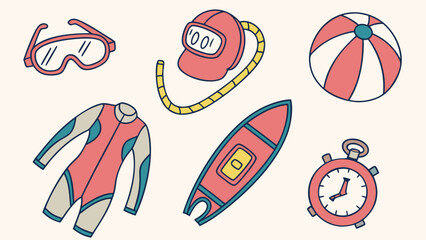 Flat design water sports equipment set. Summer beach and swimming gear collection with diving and surfing accessories.