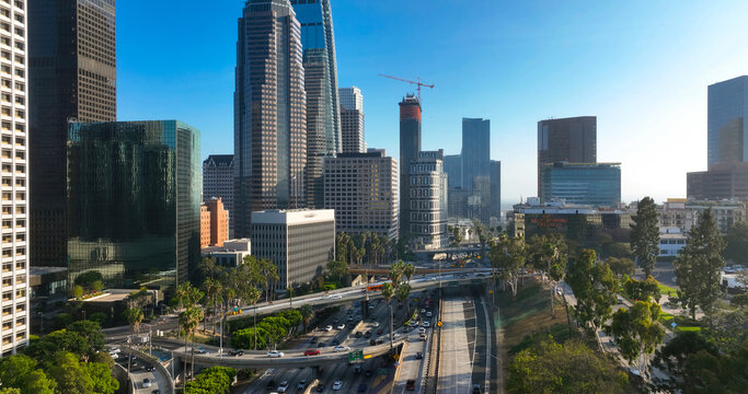 Los Angeles city. LA downtown aerial view. Los Angeles skyline. LA panorama. Los Angeles from a top view. Downtown towers of Los Angeles. Panoramic scene of LA skyline. American city in California. - Powered by Adobe