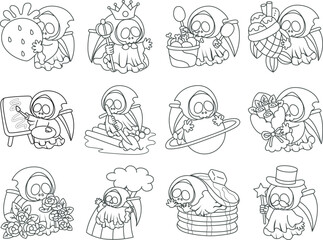 Illustration of cute skull ghost icon.
Funny skull ghost in activities stickers.
Angel of death cute elements.
