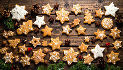 Delightful Christmas cookies, including star and tree shapes, neatly arranged on rustic wooden table. Festive holiday baking brings warmth, joy, and cozy atmosphere to seasonal celebrations