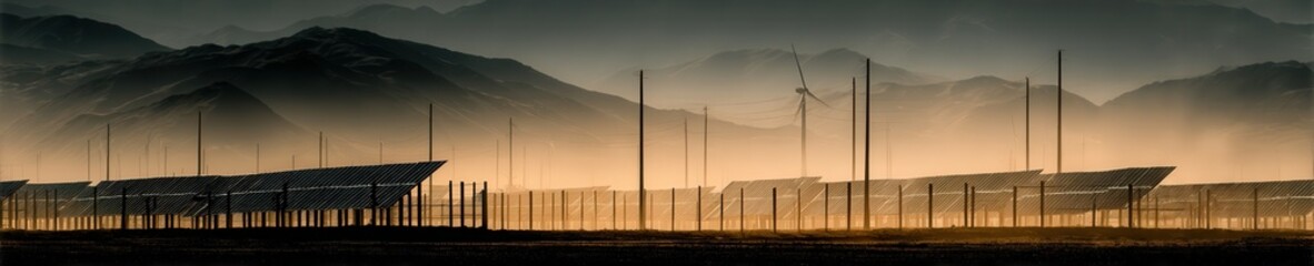 Obraz premium Solar panels and wind turbines rise from desert dunes beneath a golden sky, capturing the contrast of nature and technology in a vast sustainable landscape.