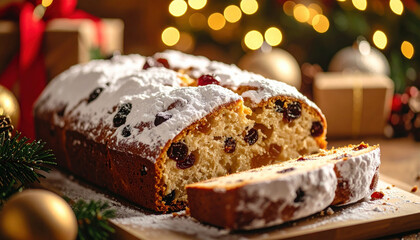 Stollen, traditional Christmas fruit bread, generously dusted with white powdered sugar, brings festive atmosphere to holiday gatherings and winter celebrations