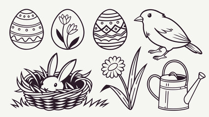Easter Spring vector elements set. Cute bunny, decorated eggs, bird, flower, watering can outline illustration.