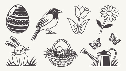 Spring and Easter Themed Icons Collection. Bunny, Egg, Flowers, Bird, Butterfly, Basket, Watering Can Line Art Set.