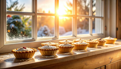 Delicious golden baked tarts line rustic wooden window sill, bathed in comforting warmth of radiant winter sunset. inviting glow creates cozy, festive atmosphere