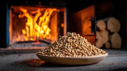 Wooden bowl filled with wood pellets near fireplace