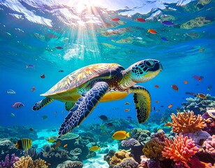 A sea turtle swims gracefully through clear turquoise water, surrounded by vibrant coral reefs and colorful fish, with sunlight streaming from above.