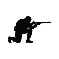 Silhouette of Soldier Kneeling with Rifle, Military Sniper Vector Illustration, Army Combat Pose, Isolated Black and White Clipart for Design and Decoration.