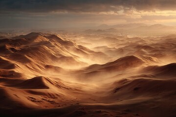 Naklejka premium Solar panels and wind turbines rise from desert dunes beneath a golden sky, capturing the contrast of nature and technology in a vast sustainable landscape.