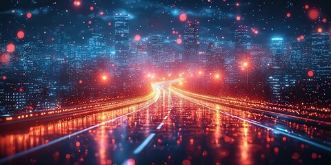 Obraz premium Vibrant cityscape at night with glowing wet road and colorful lights, capturing the essence of urban nightlife and dynamic movement.