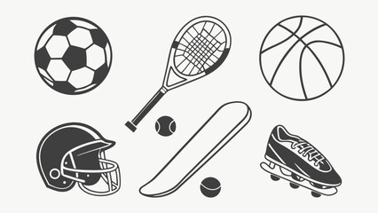 Sports equipment vector outline icons set. Athletic gear for various games like soccer, basketball, tennis, football, snowboarding.