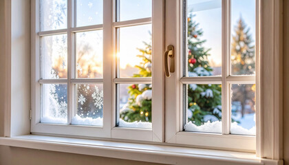 Serene winter scene observed from cozy interior through white window frame, showcasing snow covered evergreen trees bathed warm morning sunlight. inviting view suggests tranquil and beautiful cold