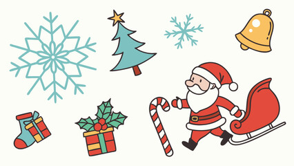 Obraz premium Christmas holiday winter festive icons set. Santa Claus, gifts, tree, snowflakes, bell, candy cane, and stocking.