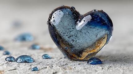 Isolated heart shaped water drop in rich blue tone on clean minimalist white floor accompanied by scattered micro drops