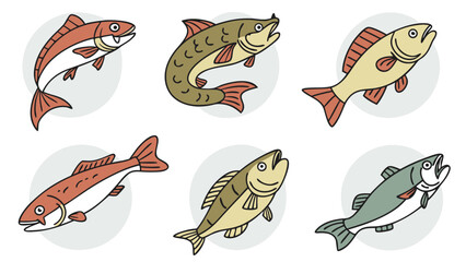 Set of various fish illustrations. Different types of aquatic animals. Seafood and fishing concept. Marine life vector designs.