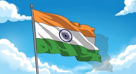 Vibrant Indian Flag Waving Against a Cartoon Blue Sky with Fluffy Clouds