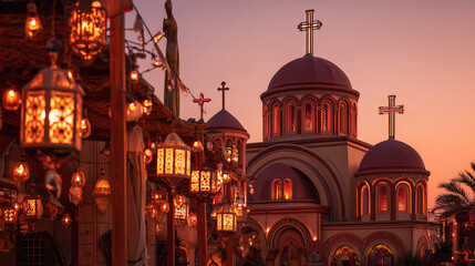 Obraz premium Coptic Nayrouz, Coptic Orthodox Church decorated for the New Year festival, glowing lanterns and crosses