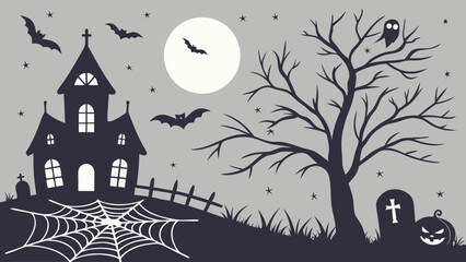 Spooky Halloween night background with haunted house silhouette, full moon, flying bats, bare tree, graveyard, spider web.