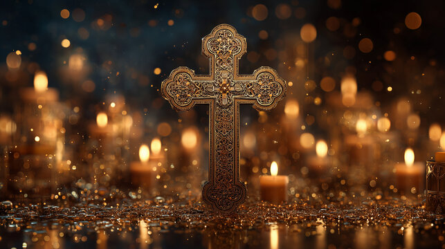Coptic Nayrouz, traditional Coptic cross with intricate carvings surrounded by glowing candles