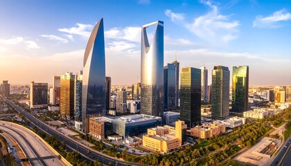 Panoramic cityscape at sunrise, showcasing modern high-rise buildings, roads, and parks