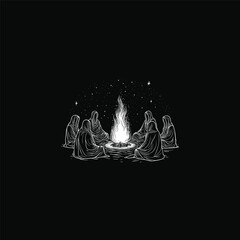 Hermits sitting in a circle around a burning fire design vector template illustration