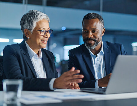 Two older executives team business people man and woman working at office corporate meeting. Happy mature business woman professional bank manager lawyer consulting client on finances management