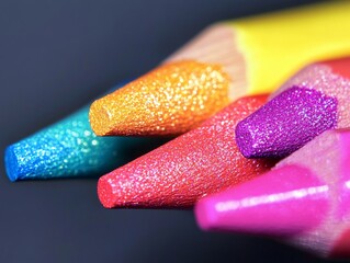 Close-up of glittery crayons with multicolored tips.