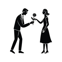 A man offers a flower to a woman in a stylized graphic