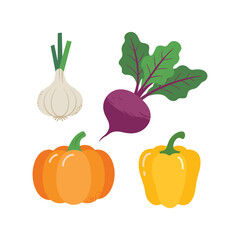 Colorful Vegetable Collection Illustration with Garlic, Beetroot, Pumpkin, and Yellow Bell Pepper, Fresh Organic Food Clipart for Healthy Eating and Kitchen